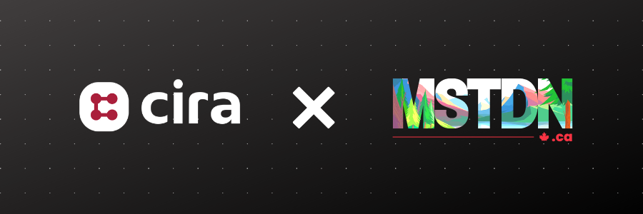 CIRA logo x mstdn.ca logo. Black background with dots/Logo de CIRA x logo de mstdn.ca. Arrière-plan noir avec des points